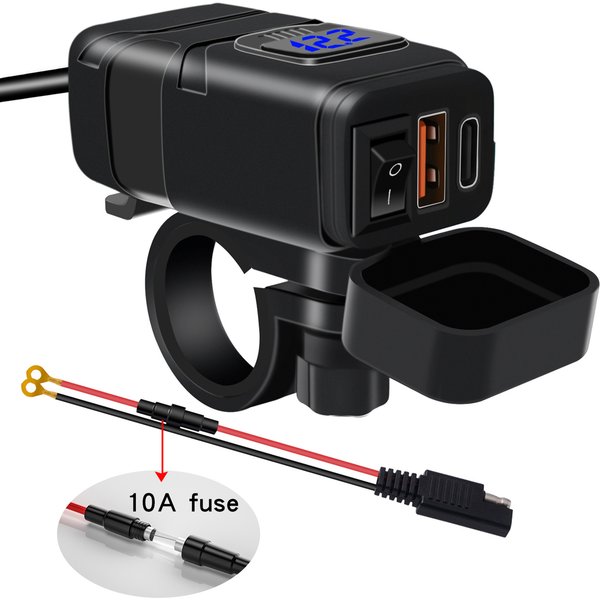 Chargeur USB Type-C pour Moto, Super Rapide QC 3.0, avec Voltmètre, Joli Marche/Arrêt, pour Téléphone, Tablette, Guidon de 7/8 Pouces