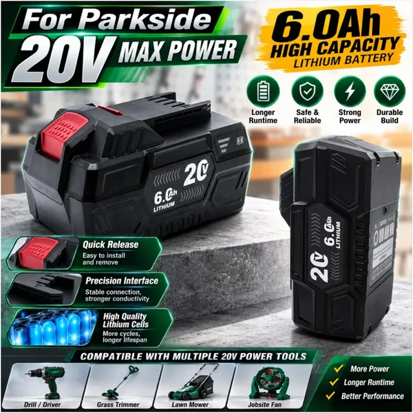 Polen, lokales Lager: 20-V-6,0-Ah-Ersatz-Lithium-Ionen-Akku für Parkside X20V Team Series PAP 20 A1 B1 B3 A3 PAPS 208 A1, mit integriertem BMS, LED-Anzeige, längere Laufzeit.