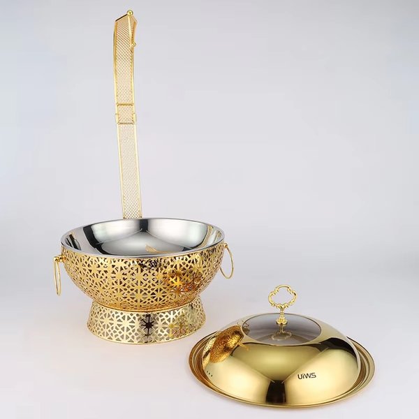 Ensemble de réchauds de buffet en acier inoxydable doré pour la restauration, avec couvercle suspendu