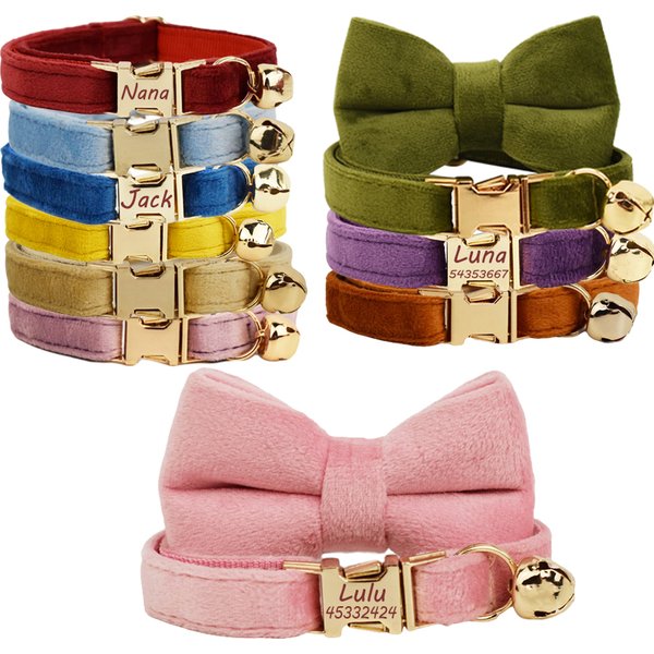 Collier personnalisé pour chat chaton collier velours chiot petits chiens colliers personnalisé gravure nom chat collier avec cloche arc