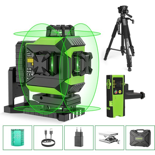 Niveau laser Huepar 704CG 16 lignes 4D, auto-nivelant, ligne croisée verte, réglage de la luminosité, outil d'alignement laser avec batterie Li-ion