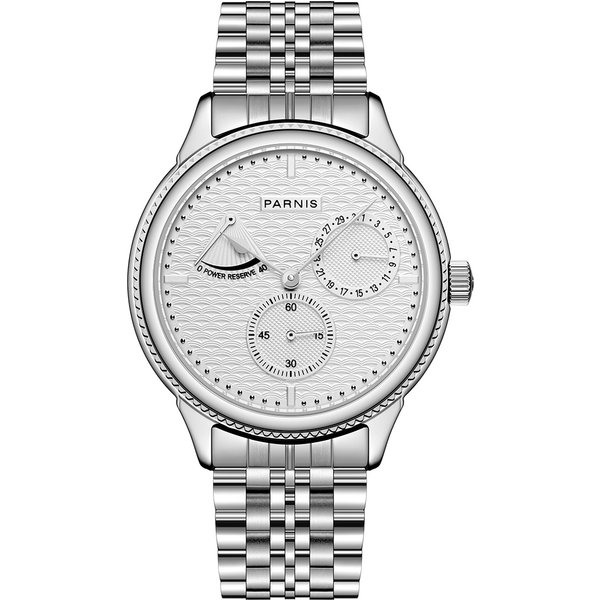 Casual Parnis 42mm Weiß Zifferblatt Automatische Mechanische Männer & #39s Uhr Power Reserve Kalender Uhren Top Luxus marke Mann Geschenk Uhr