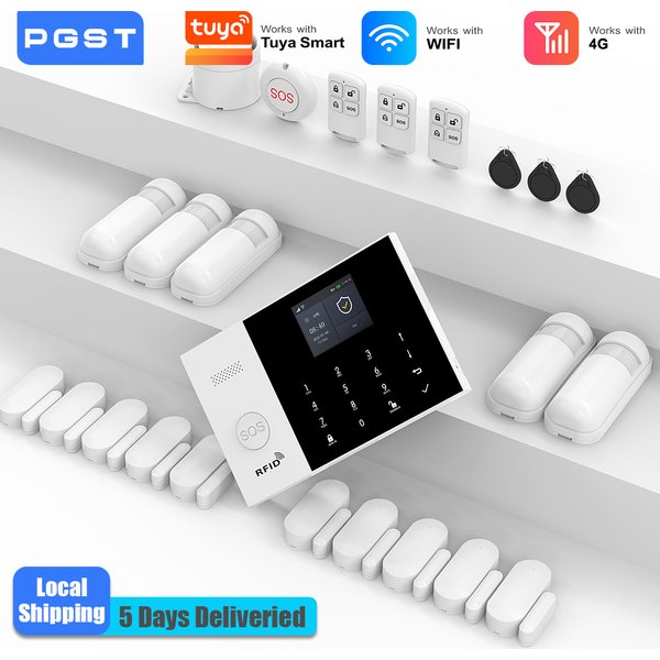 PGST intelligente Einbruchmelder Komplettset WiFi 4G Works with Tuya Smart Life kabellose Heim Sicherheit Fernsteuerung per App Öffnungssensoren ohne laufende Kosten