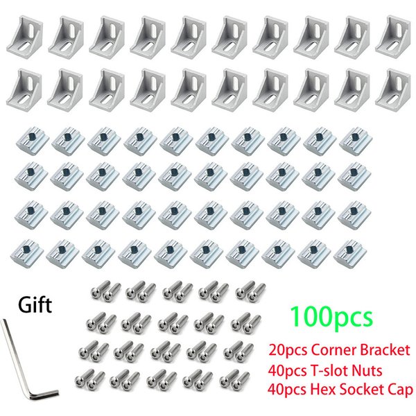2020 Aluminium-Profilverbinder-Set: 20 Stück Eckwinkel + 40 Stück M5-T-Nuttern der Serie 20 + 40 Stück M5 x 8 mm Innensechskantkappe