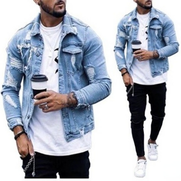 Mode Männer Jacken Frühling Herbst Neue Revers männer Denim Jacke Löcher Unregelmäßige Waschen Jacke Männer Langarm Strickjacke Tops