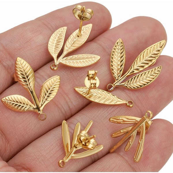 6 pièces de composants et fournitures pour la fabrication de boucles d'oreilles en acier inoxydable doré, motifs feuille, branche et astral, incluant crochets, connecteurs et tiges de base