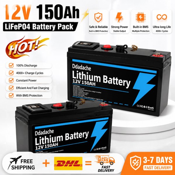 LiFePO4 12V 150Ah wiederaufladbare Lithiumbatterie, integriertes BMS, perfekt für Aufsitzspielzeug, Solarmodule, Fischfinder, Power Wheels
