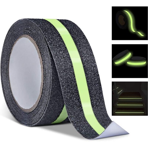 Ruban antidérapant de 5 cm x 5/2 m avec bande verte phosphorescente, adhésif abrasif pour marches d'escalier, intérieur et extérieur