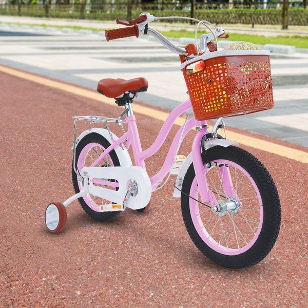 Vélo pour enfants de 14 pouces avec roues d'entraînement vélo pour enfants rose/beige capacité de charge de 60 kg pour âgés de 3 à 7 ans