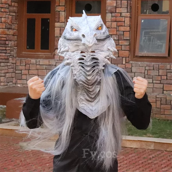 Maske Raptor mit Originalfell Drache Dinosaurier Kopf Latex Mascara Cosplay Pelztier Helm Halloween Kostüm für Mann Erwachsene