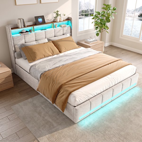 Cadre de lit rembourré Anajqaqia, 160×200 cm, lit double avec rangement et 4 tiroirs, couleur beige, idéal pour la chambre à coucher.