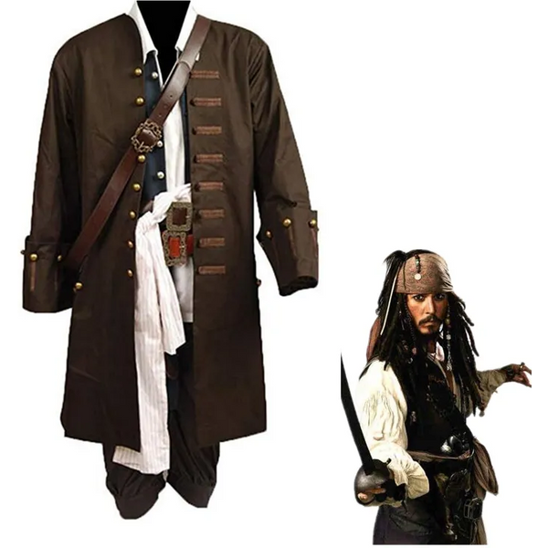 Film piraci z karaibskiego przebranie na karnawał Jack Sparrow Cosplay pełny zestaw kostiumów dla mężczyzn dorosłych