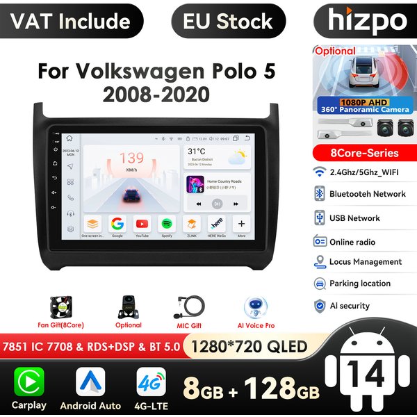 Hizpo Intelligenter Bildschirm Carplay 4G 2Din Android 14 Autoradio für Volkswagen Polo 5 2008-2020 Multimedia Video Player 360 Kamera