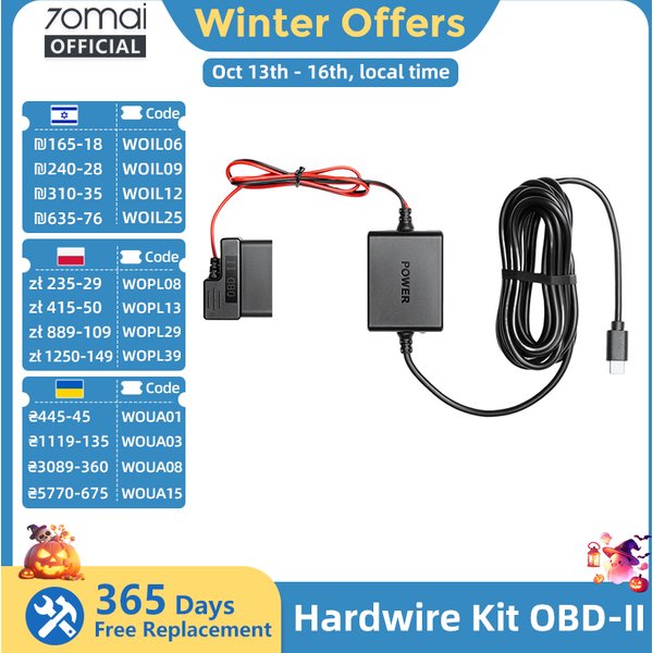 70mai Einstellbares Hardwire-Kit OBD II Typ-C Schnittstelle Plug & Play 70mai OBD-Kit 24-Stunden-Parküberwachung für 70mai Dashcams