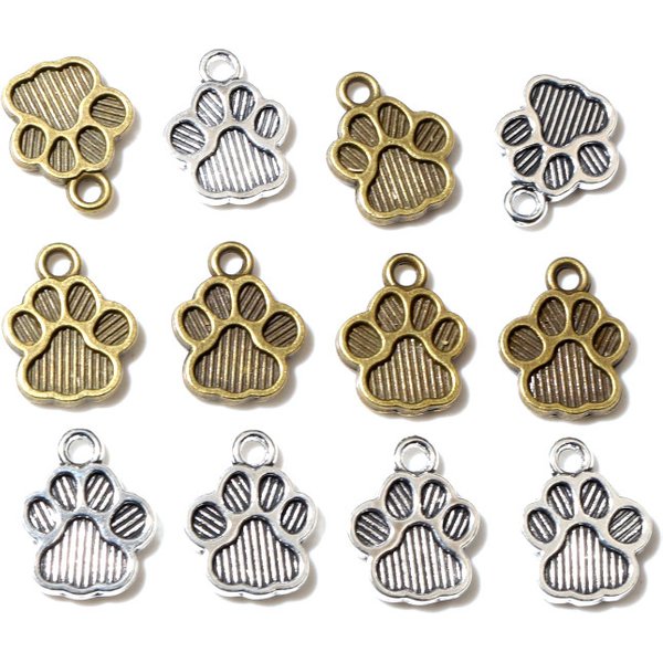 Pendentifs en bronze plaqué argent antique, empreinte de chat ou de chien, breloques faites à la main, bijoux de bricolage, accessoires exécutifs, 15x11mm, 40 pièces
