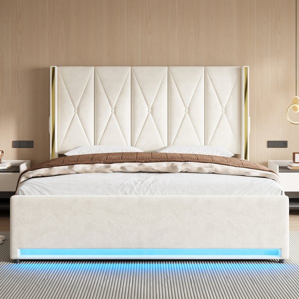 LVHOM Cadre de lit multifonction en velours avec tête de lit large, 2 ports USB, armoires latérales rétro, rubans LED, système hydraulique, grand rangement sous lit avec revêtement non tissé