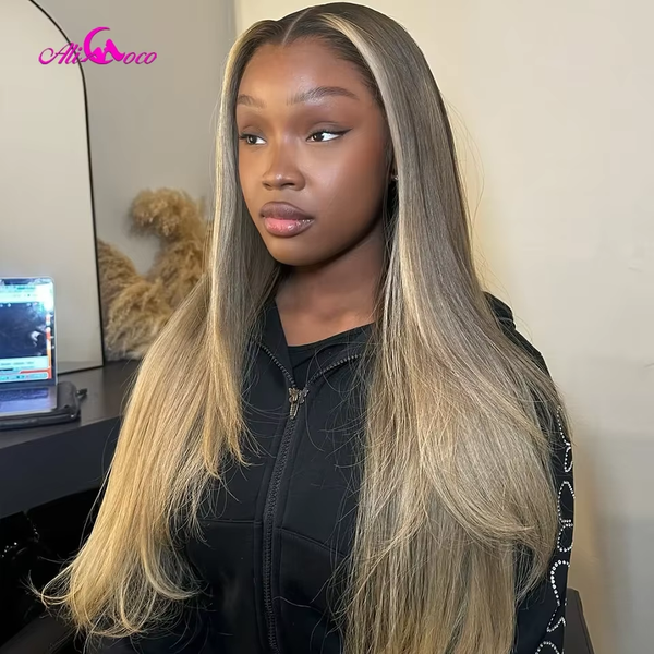 Perruque Lace Frontal Wig naturelle lisse à reflets blonds cendrés, 13x4, 13x6, 5x5, pre-plucked, pour femmes