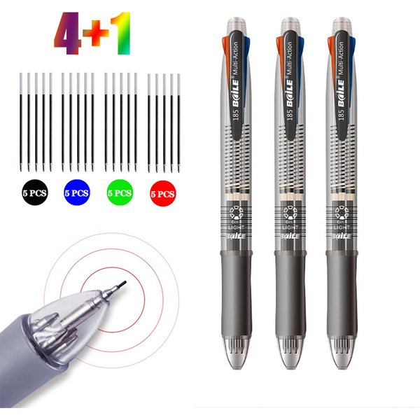 Stylos à bille multicolores 5 en 1, avec 4 couleurs, recharges de stylo remplaçables, 1 crayon automatique, gomme supérieure de papeterie Kawaii