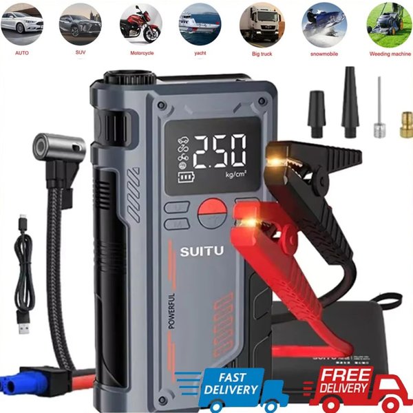 1 Set Digitaler Fahrzeug-Luftkompressor mit Notstartfunktion und Stromversorgung, All-in-One-Gerät, Universeller Fahrzeug-Starthilfe mit Aufpumpfunktion