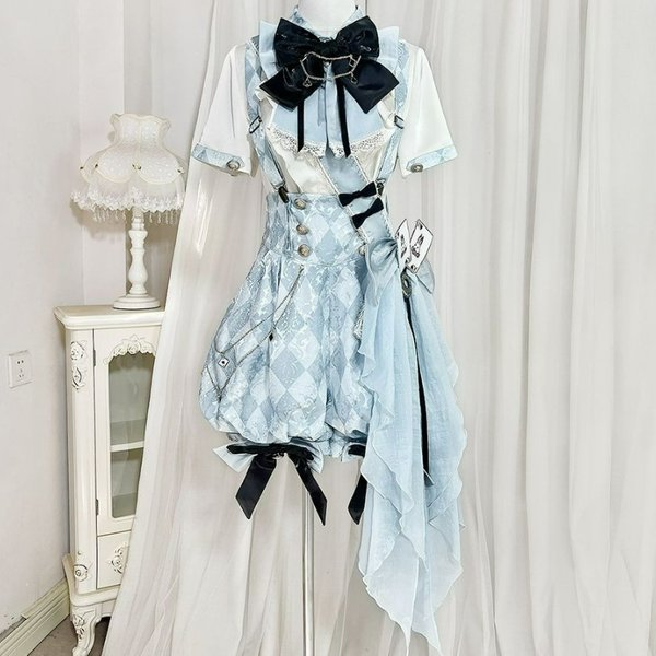 Ensemble vintage gothique Lolita pour femme : chemise à manches courtes avec nœud et short à carreaux, style japonais Harajuku Y2K Prince