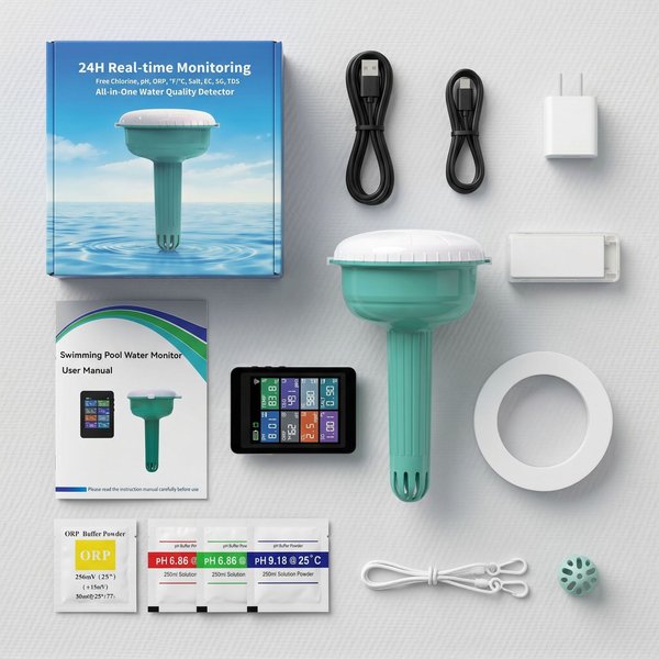 Testeur de qualité de l'eau intelligent WiFi flottant 8-en-1 : pH, chlore, EC, TDS, sel, densité, ORP, température pour piscine et spa