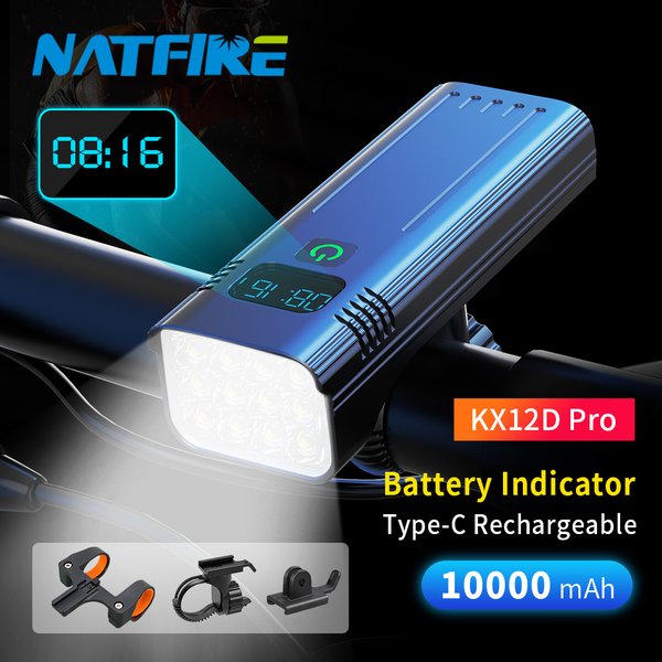 Lumière de vélo 10000mAh, 12led, indicateur de batterie numérique de Type C, ensemble d'éclairage de vélo Rechargeable par USB avec 3 supports, lampe de poche