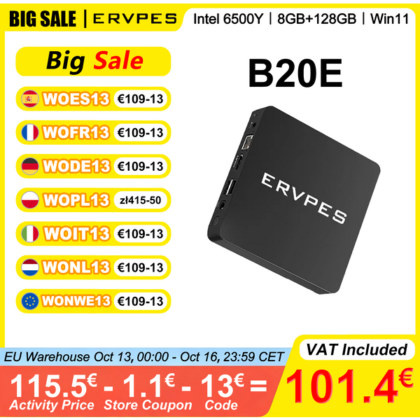Ervpes B20E Mini-PC 8GB RAM 128GB SSD Intel 6500Y Windows 11 BT5.0 Apollo Lake Desktop-Mikrocomputer Dual-Band WLAN HDMI