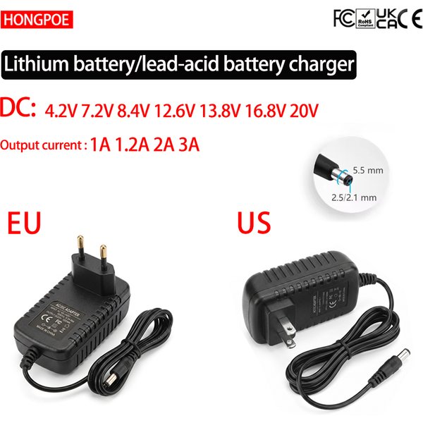 CE LiFePO4-Ladegerät DC Optional 4,2V 7,2V 8,4V 12,6V 13,8V 16,8V 20V Stromstärke 1A 1,2A 2A 3A 100-240VAC für LED CCTV Spielkonsolen