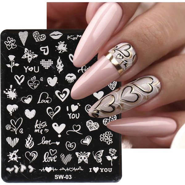 Love Heart Stamping Plates Valentines Nails Template Image Romantic Flower Line Letter Printing Stencils Nail Accessories SASW