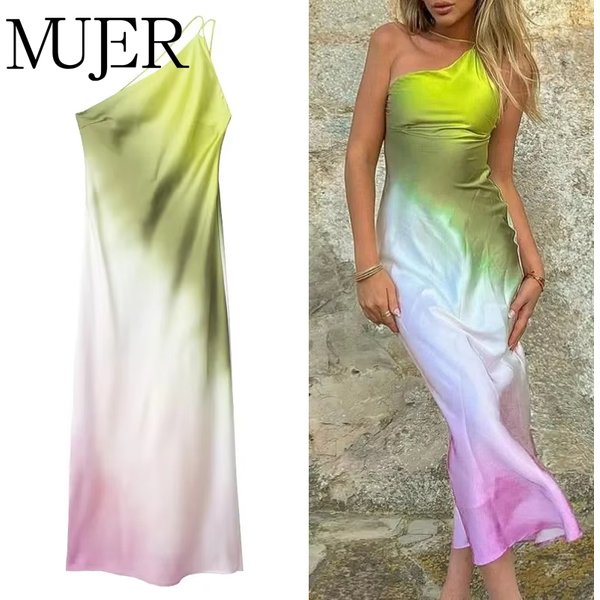 MUJER Tie Dye Long Dress Women Asymmertic Satin Backless Dress Woman Off Shoulder Sexy Evening Party Dresses Midi Summer Dresses
