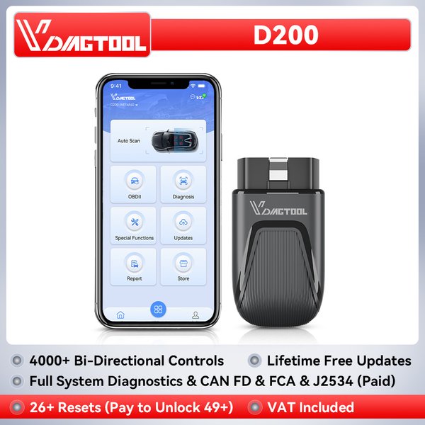 2026 VDIAGTOOL D200 BT OBD2 Scanner Allsystem-Diagnosegerät für iPhone Android Kabelloser Codeleser Bidirektionales Scan-Tool Aktiver Test mit 26+ Resets FCA AutoAuth CANFD Lebenslange Kostenlose