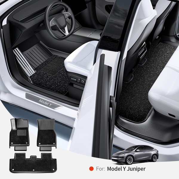 YZ Für Tesla Model Y Juniper 2025-2026 TPE Auto-Fußmatten mit Metallpedalen Kofferraummatte Set Vier Jahreszeiten Wasserdicht Rutschfest