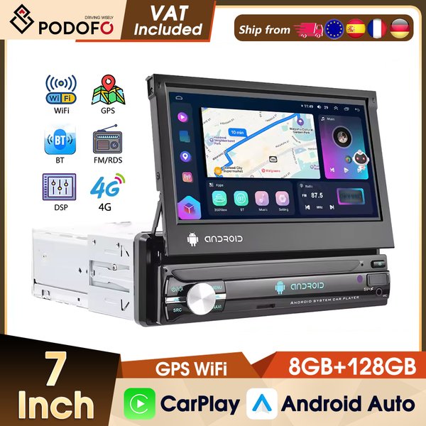Podofo Android 1 Din Autoradio mit Carplay-Unterstützung Android Auto 7'' Auto-Multimediaplayer mit GPS WIFI BT USB FM Rückfahrkamera