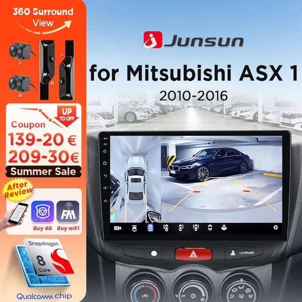 Junsun 360° ° Radio samochodowe z panoramicznym ekranem do Mitsubishi ASX 1 (2010-2016), bezprzewodowe CarPlay, ekran Android Auto, stereo, GPS, RDS, BT, wbudowana karta chmurowa ESIM, 4G.