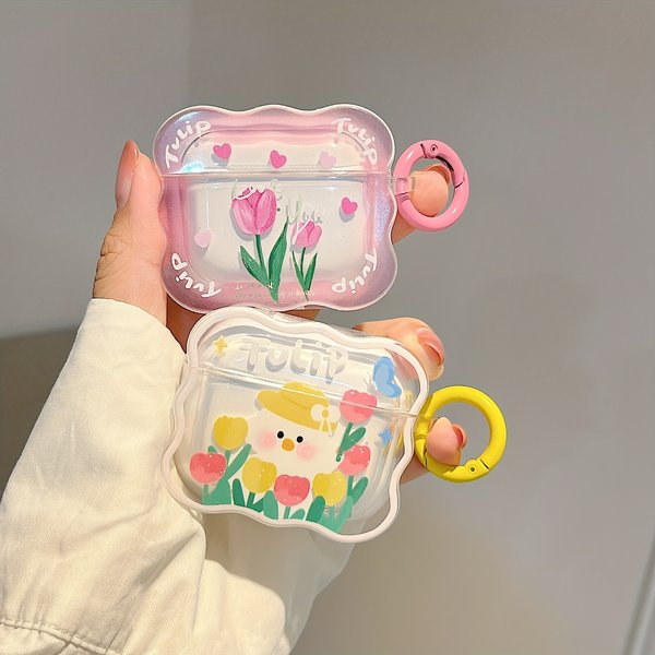Tulip Print Earphone Case for Airpods Pro 2 Wireless Earphone Protector for Apple Airpods 1 2 3 Silicone Soft Case with Keychain