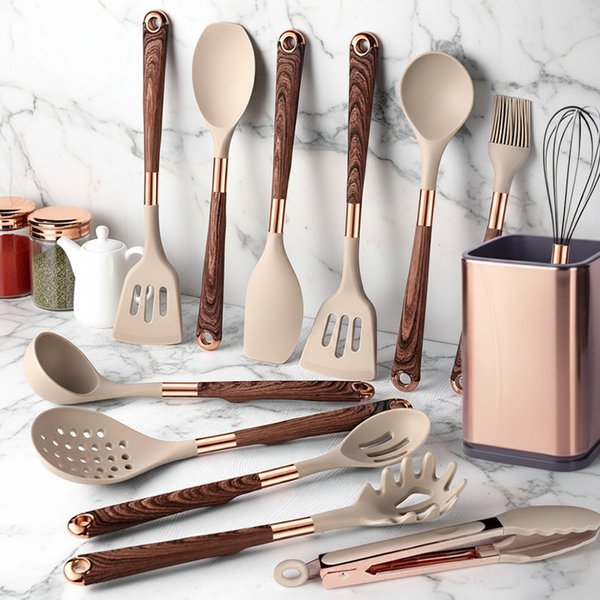 Ensemble d'ustensiles de cuisine en Silicone, antiadhésif, antiadhésif, résistant à la chaleur, spatule, cuillère, manche en or Rose avec seau, cadeau de cuisine
