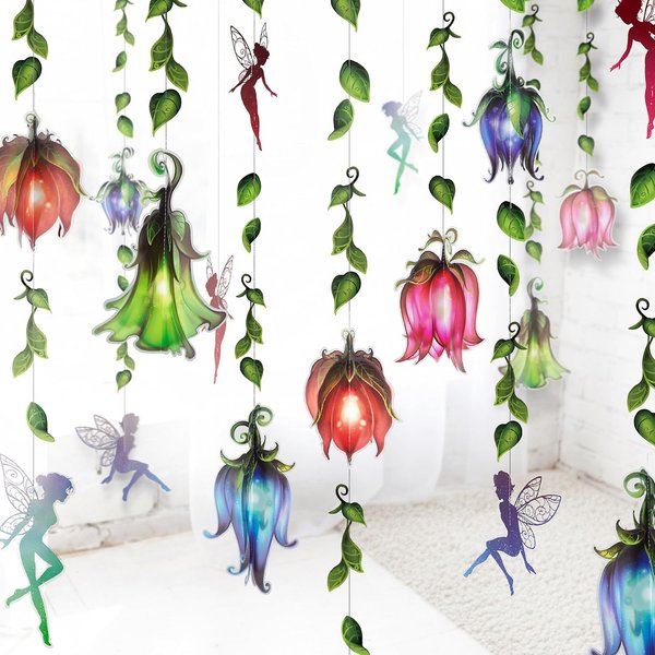 Guirlandes féeriques magiques vertes et rouges, 16 pièces, forêt enchantée, feuilles de fleurs sauvages, bannière de fleurs féeriques, décorations de fête d'anniversaire de printemps