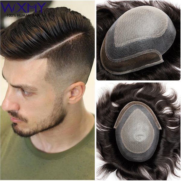 Perruques de cheveux humains naturels pour hommes, dessus en dentelle diamant, peau autour avec devant en dentelle, prothèse capillaire masculine, délié naturel, toupet pour hommes