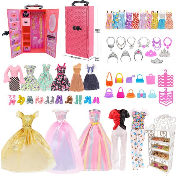 Ensemble de 73 accessoires pour poupées, comprenant une armoire, un porte-chaussures, une robe du soir, un haut et un pantalon tendance, un collier, cadeau de Noël