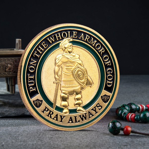 Pièce commémorative chrétienne plaquée or 4CM, avec la citation « Enfilez-vous toute la protection de Dieu » (Éphésiens), collection « Priez toujours »