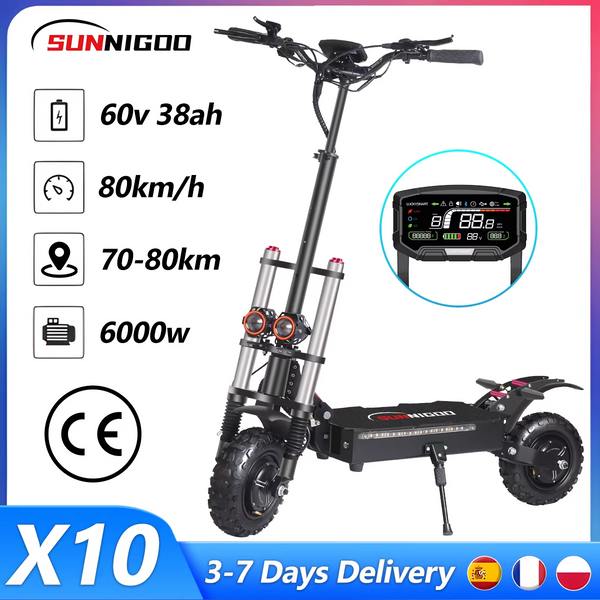 SUNNIGOO X10 6000W Leistungsstarker Elektroroller für Erwachsene, 60V 38Ah 100km Reichweite, 11-Zoll-Reifen, Doppelte Hydraulische Federung, Höchstgeschwindigkeit 80km/h