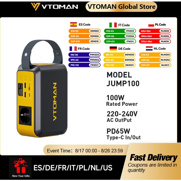 VTOMAN Jump100 Station d'Énergie Portable LiFePO4 de 88.8Wh - Prise CA de 100W, USB-C PD de 65W, Lampe LED, Générateur Solaire pour Camping en Plein Air, Téléphones et Ordinateurs Portables