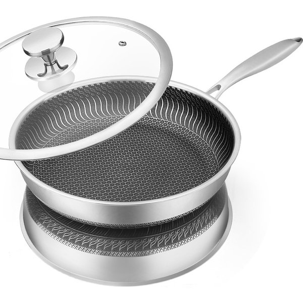 LMETJMA Stainless Steel Frying Pan Nonstick Honeycomb Fry Pan With Lid Induction Ceramic Electric Gas Cooktops Compatible KC0480