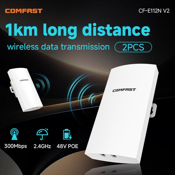 2 Stück Comfast Outdoor Access Point CPE Bridge Router AP 300Mbps 2.4Ghz 1KM Langstrecken-WLAN-Antennenverstärker Repeater 48V POE für IP-Kamera CCTV Bauernhof