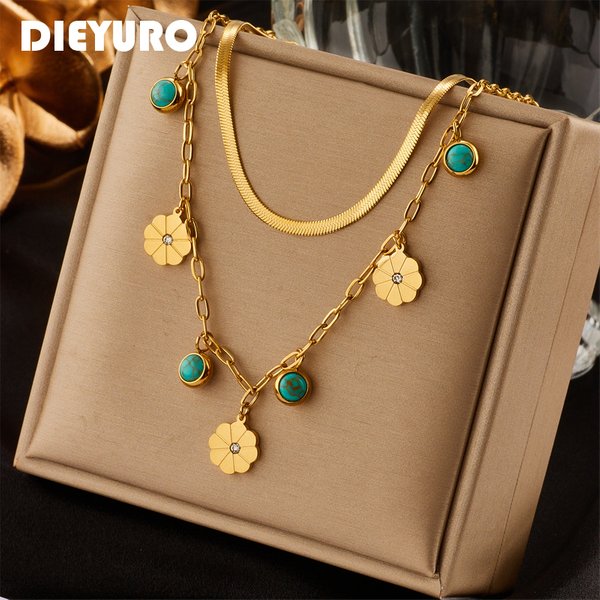 DIEYURO 316L Stainless Steel 2 Layer Green Stone Flower Pendant Necklace For Women Fashion Ladies Chain Jewelry Girls Bijoux