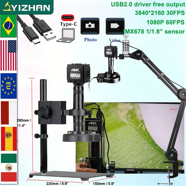 Yizhan 4K HD Digitalmikroskop zum Löten und Reparieren von Leiterplatten, 48MP 60MP Mikroskop HDMI/USB/TYPE-C Videomikroskop 150X/215X Objektiv