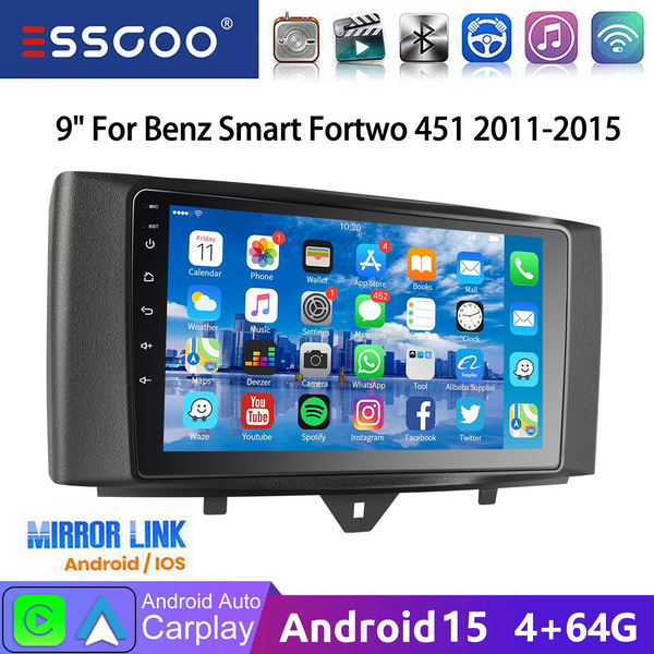 ESSGOO Android 15 9-Zoll-Autoradio für Smart Fortwo 451 2010-2015 mit Carplay, Android Auto, GPS, NAV, WIFI, SWC, BT, FM, RDS Multimedia-Player