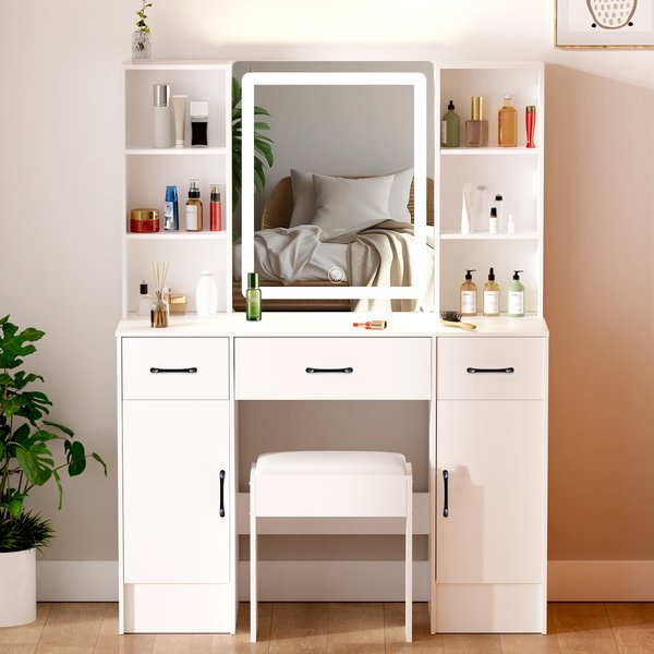 Table de toilette pour chambre à coucher avec miroir LED tactile, armoire de rangement double face et étagère ouverte, plusieurs tiroirs, tabouret rembourré, commode de maquillage blanche pour femmes
