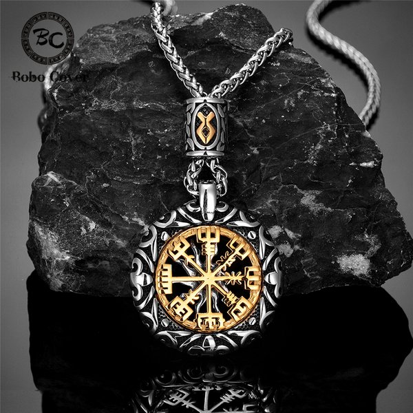 Retro Männer Nordischen Rune Perle Kompass Halskette Gold Farbe Aushöhlen Sonne Anhänger Edelstahl Vegvisir Amulett Männlichen Viking Schmuck