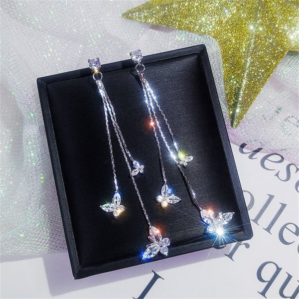 Zcomprend-Boucles d'oreilles à pampilles papillon, bijoux de fête, pendentif en biscuits, cristal de cheminée, document en argent, mode coréenne